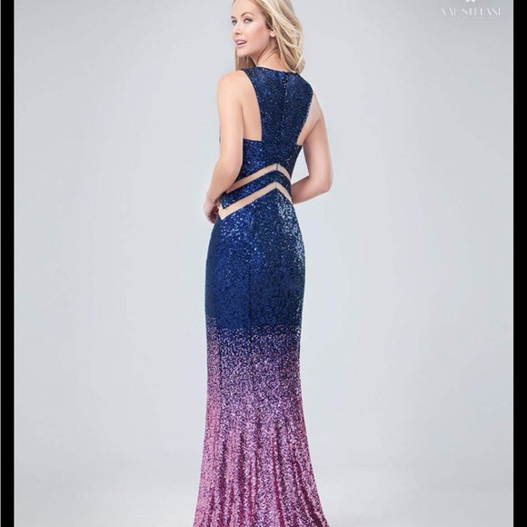 Val Stefani Elegant Navy and Pink Ombré Sequin Prom Dress - Picture 1 of 10